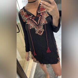 Black Long-Sleeve Embroidered Tassel Tunic Dress 100 % rayon size S
